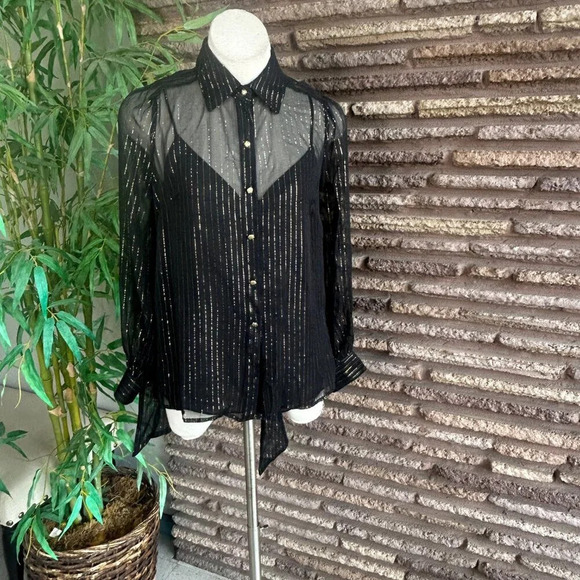 Milly Black Metallic Pinstripe Silk Sheer Blouse and Camisole Size 6 NWT - Picture 6 of 9